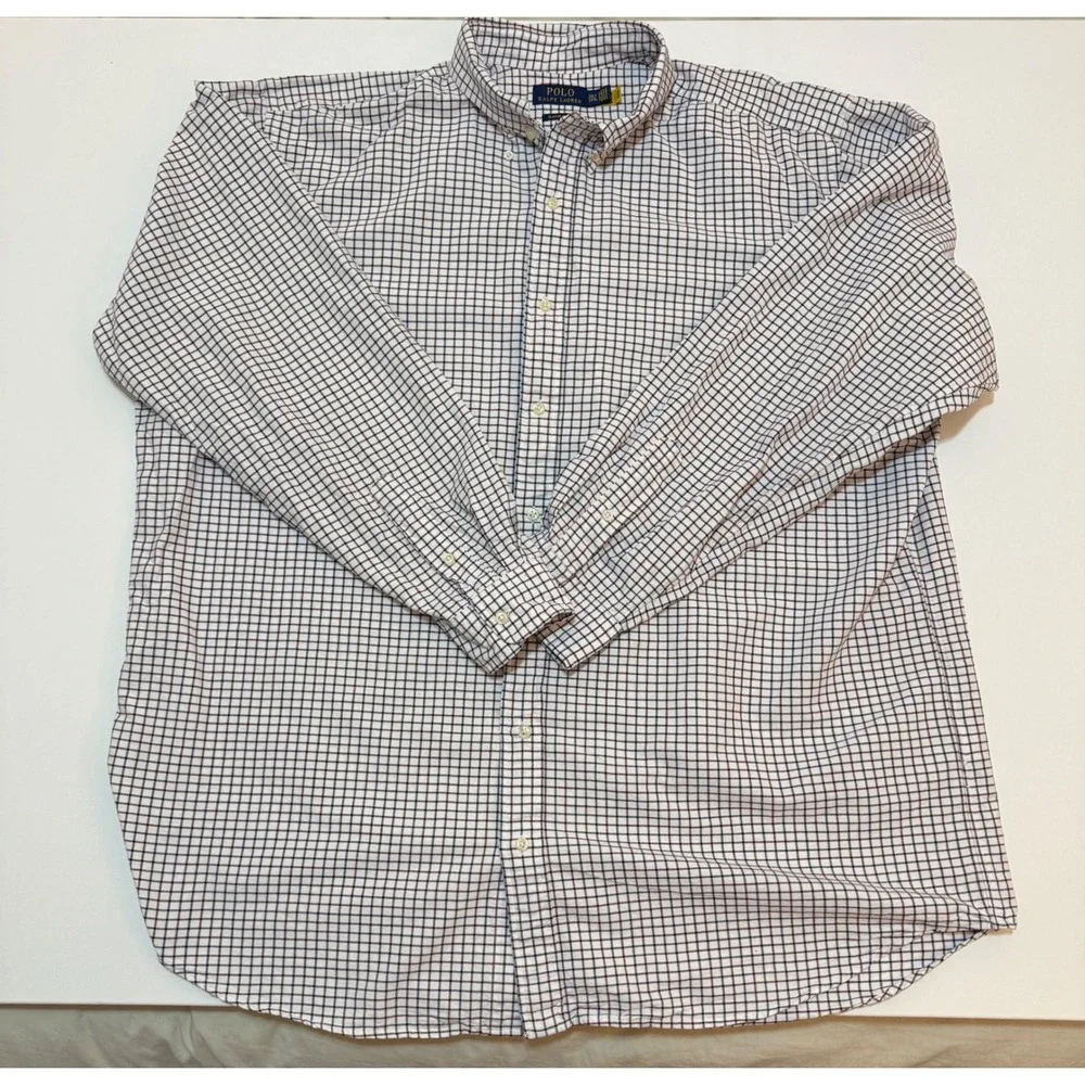 Polo Ralph Lauren Mens 2XLT Classic Fit Plaid Button Down Shirt Tall White Blue